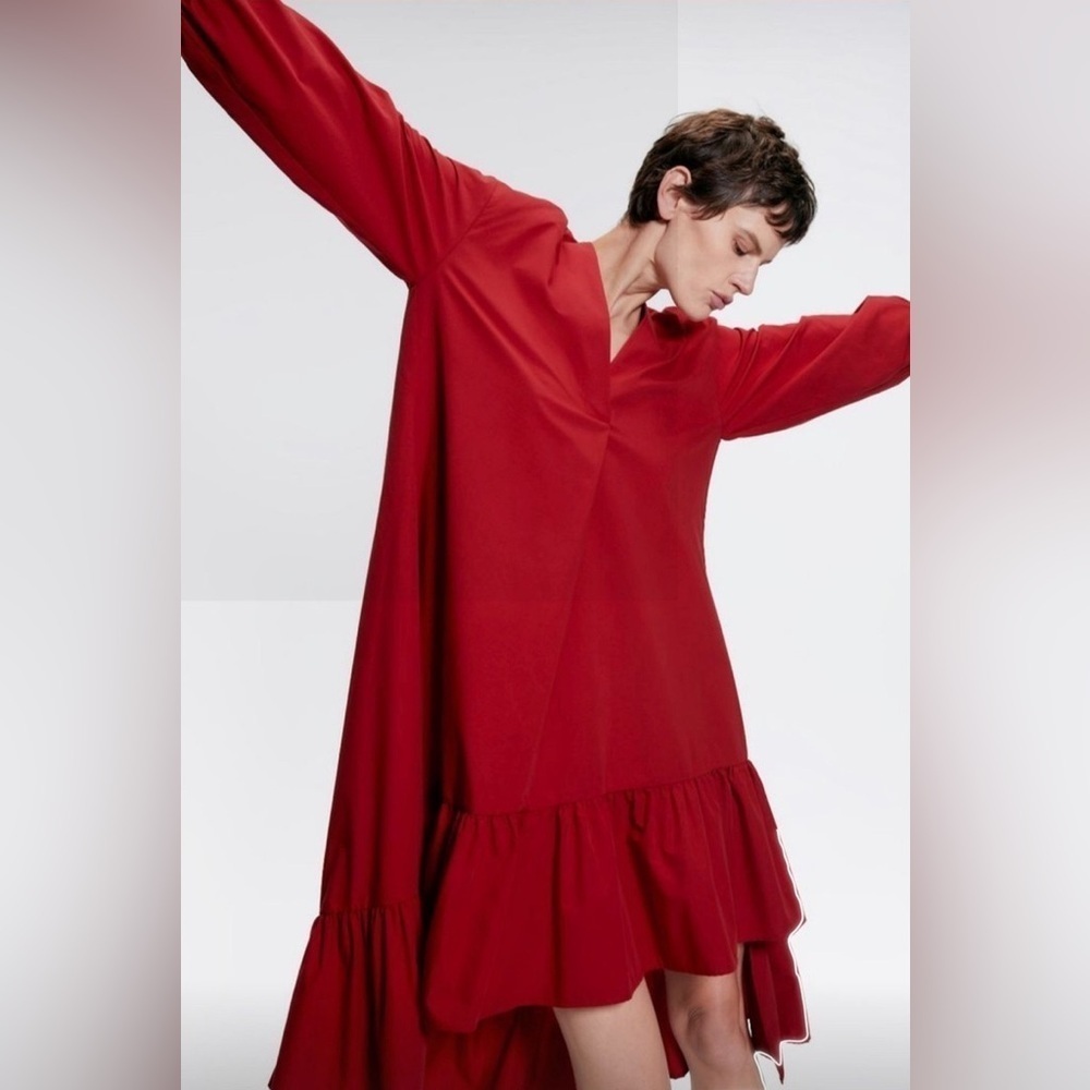Zara Midi Poplin Asymmetrical Flamenco Red Dress